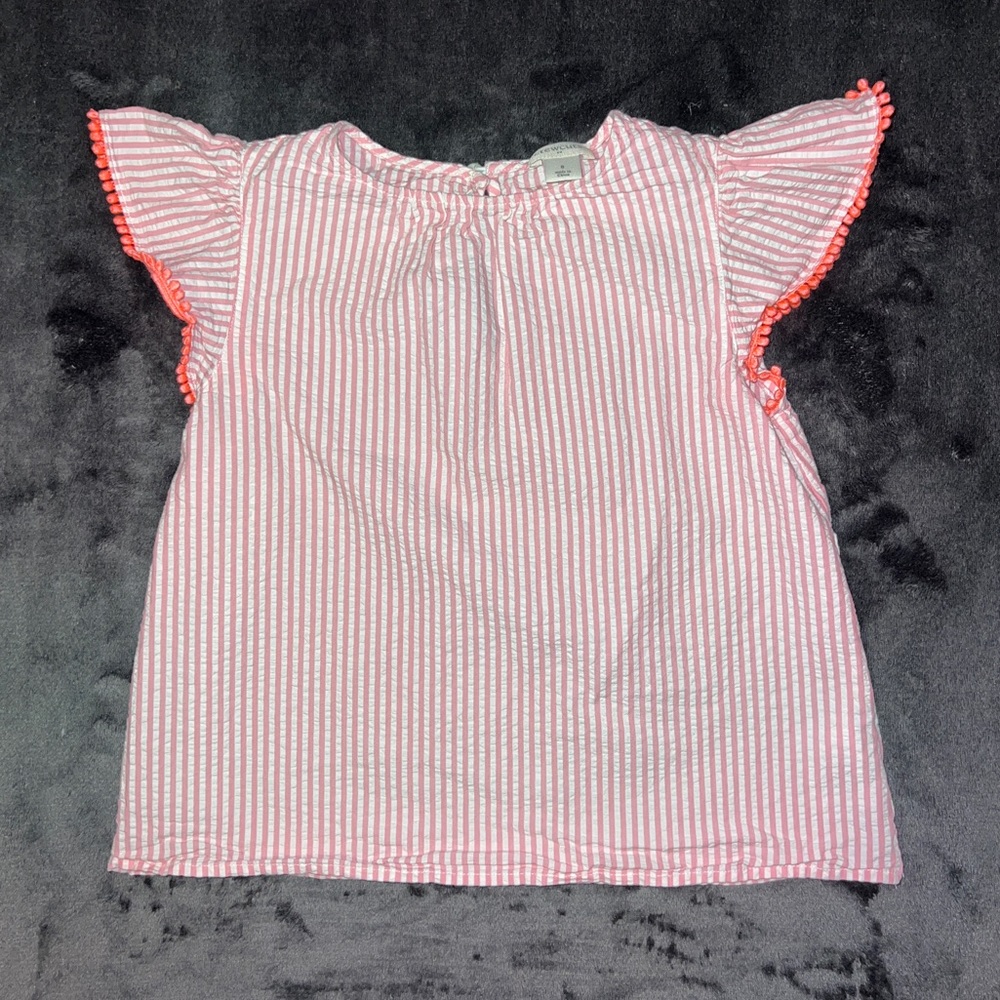 JCrew Kids Seersucker Striped Top with ball fringe sleeves